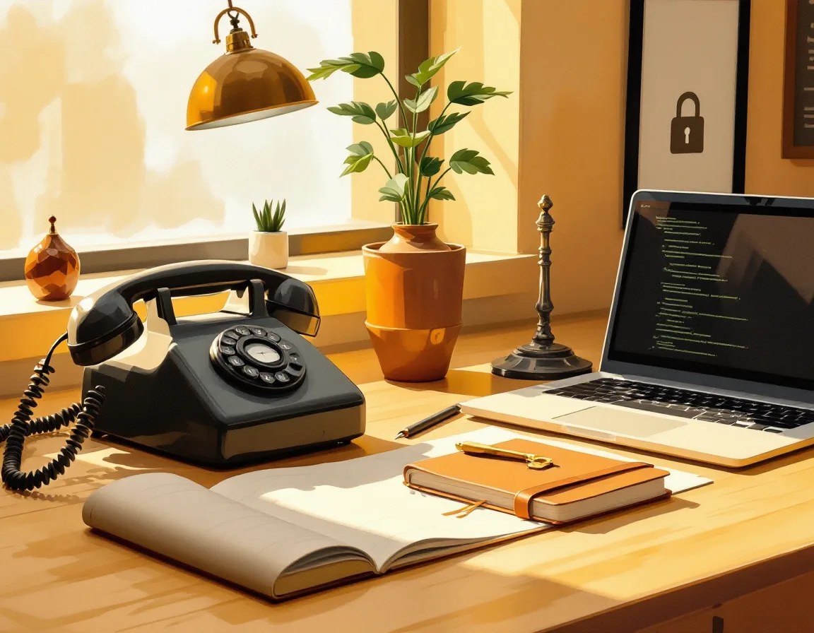 A consultant's desk with a phone, notebook and a brass key in warm morning light