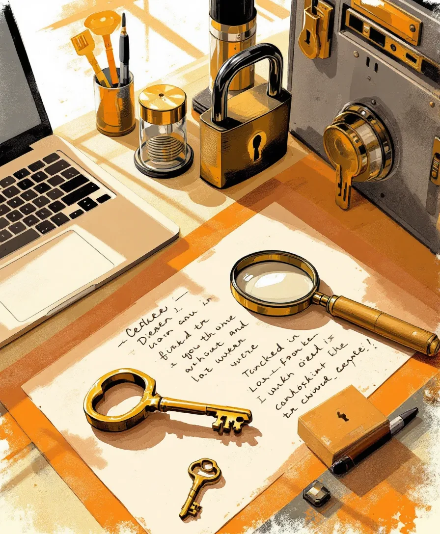 Padlocks, keys and a terminal arranged on a workbench, illustrating hands-on security testing